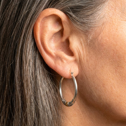 Vintage Silver Carved Pattern Hoop Earrings