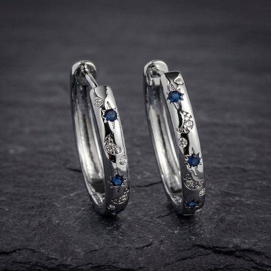 Vintage Silver Carving Sun And Moon Hoop Earrings