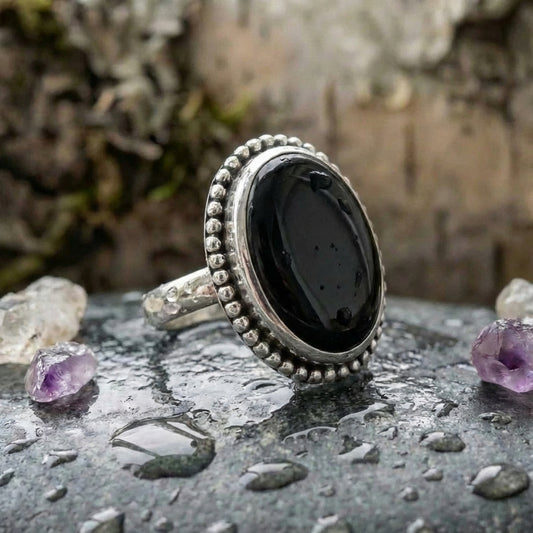 Vintage Silver Color Oval Black Stone Ring