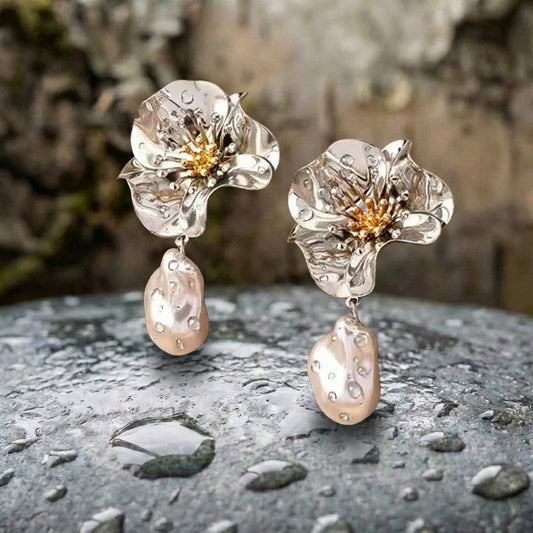 Vintage Silver Flower Pearl Earrings