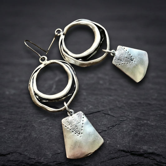 Vintage Silver Hanging Square Carving Dangle Earrings