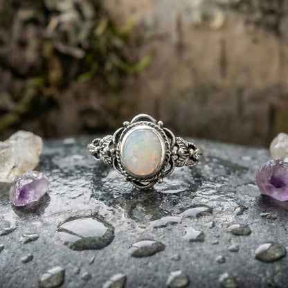 Vintage Silver & Opal Floral Ring
