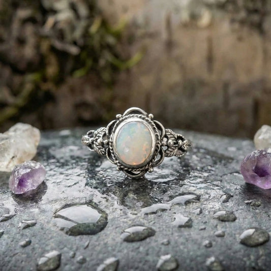 Vintage Silver & Opal Floral Ring