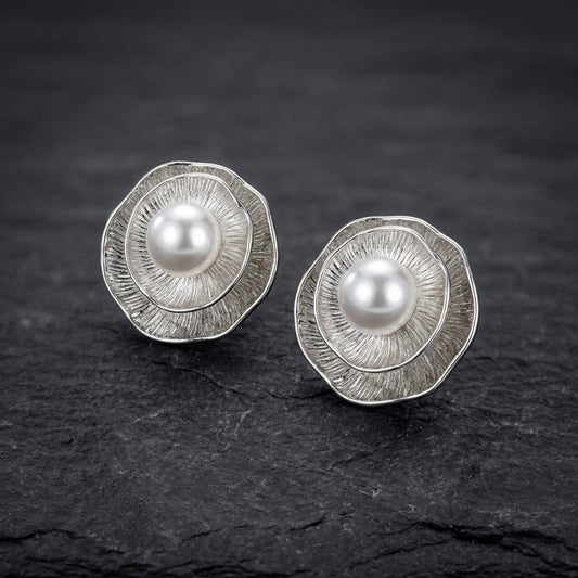 Vintage Silver Petal Pearl Stud Earrings