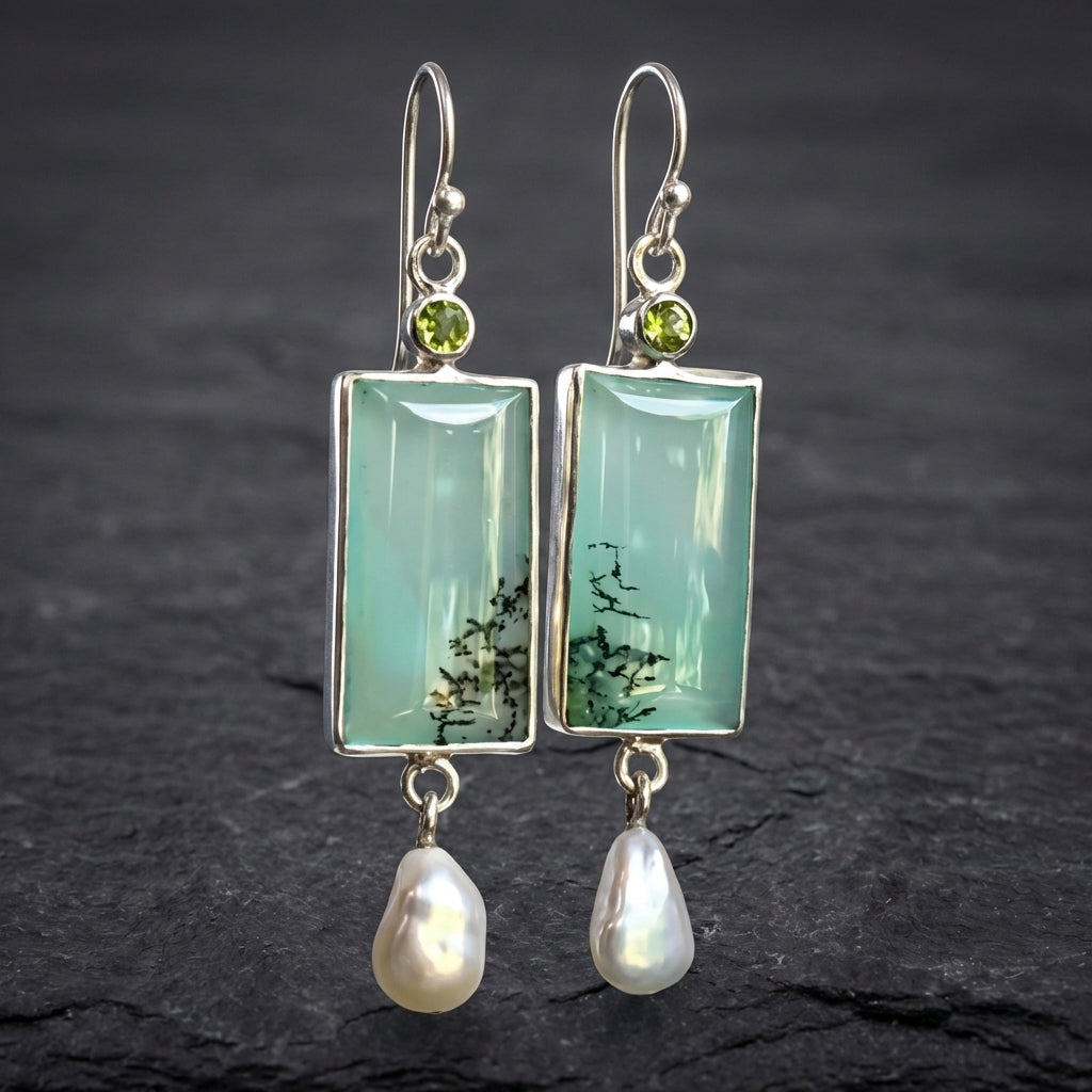 Vintage Square Green Opal Stone Dangle Earrings