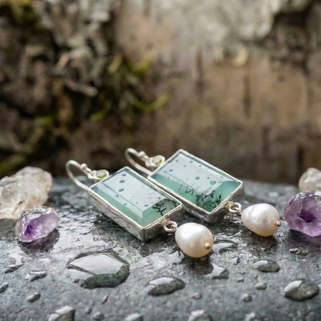 Vintage Square Green Opal Stone Dangle Earrings