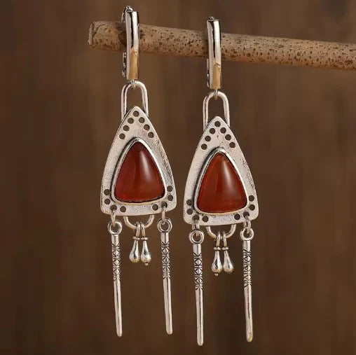 Vintage Tribal Triangle Amber Earrings