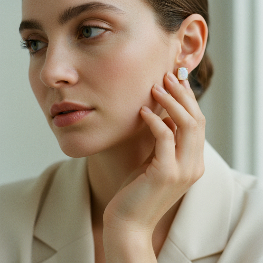 Vintage White Opal Square Earrings