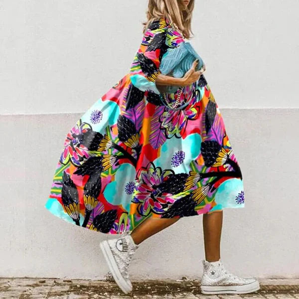 Tropical Multicolor Print Midi Dress