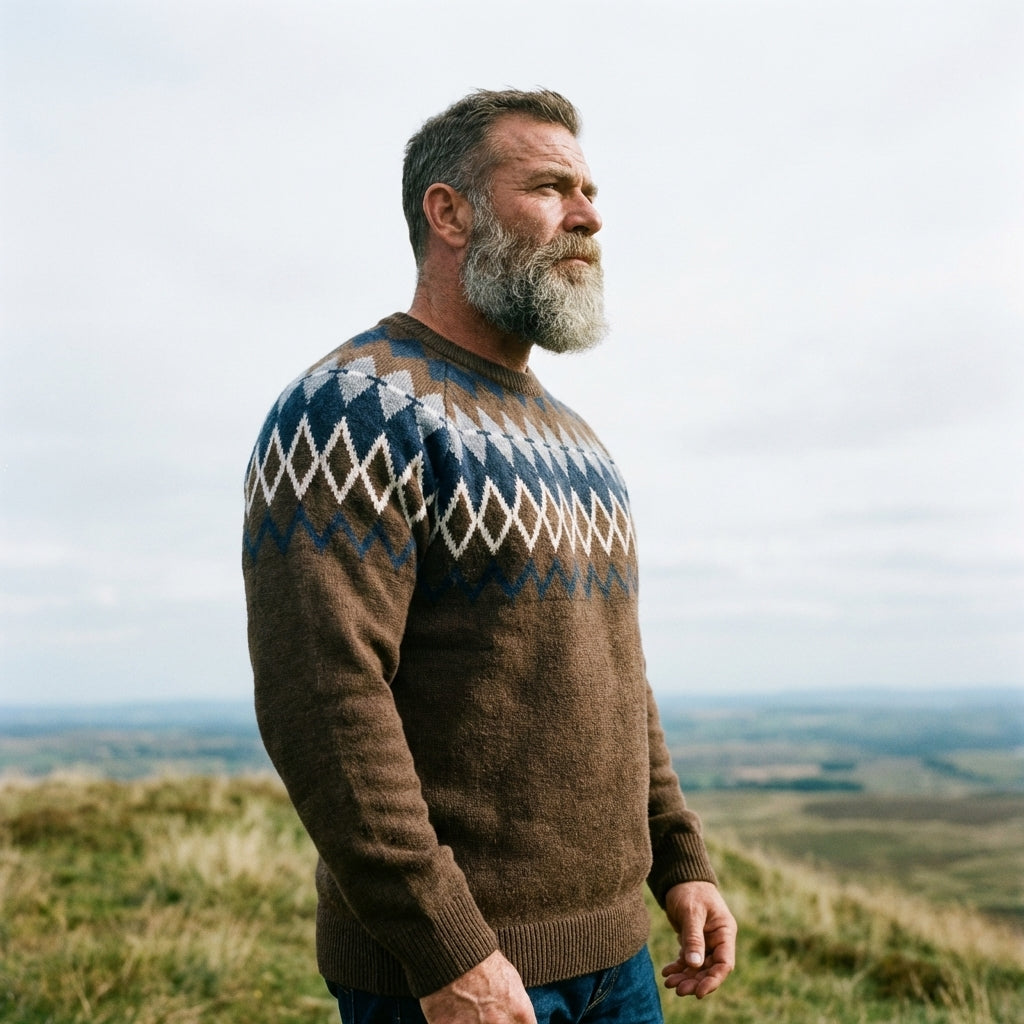 Walnut Brown Diamond & Tree Fair Isle Crewneck