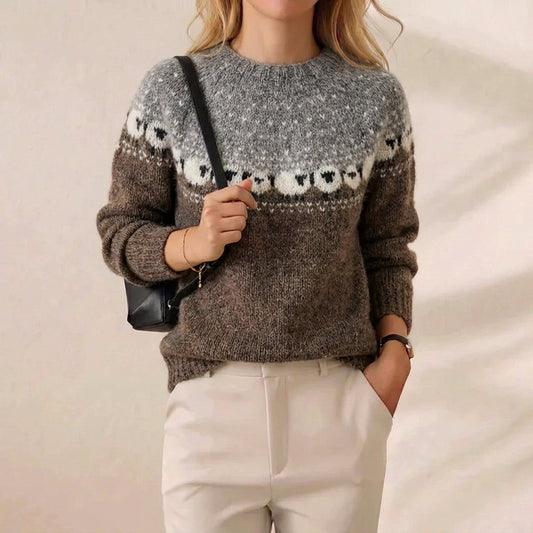 Walnut Brown Sheep Intarsia Colorblock Crew Neck Sweater