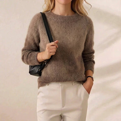 Warm Taupe Brushed Mohair Crew Neck Knit Pullover