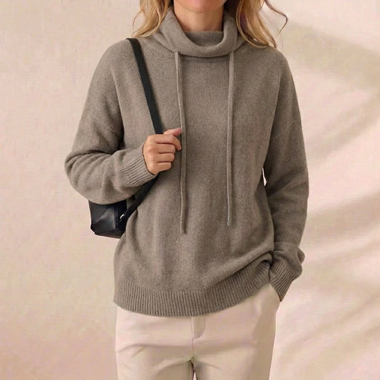 Warm Taupe Drawstring Cowl Neck Knit Pullover Sweater