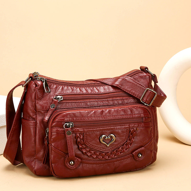 Washed Leather Multi Pocket Crossbody Bag – Heart Chain Detail Zip Shoulder Purse