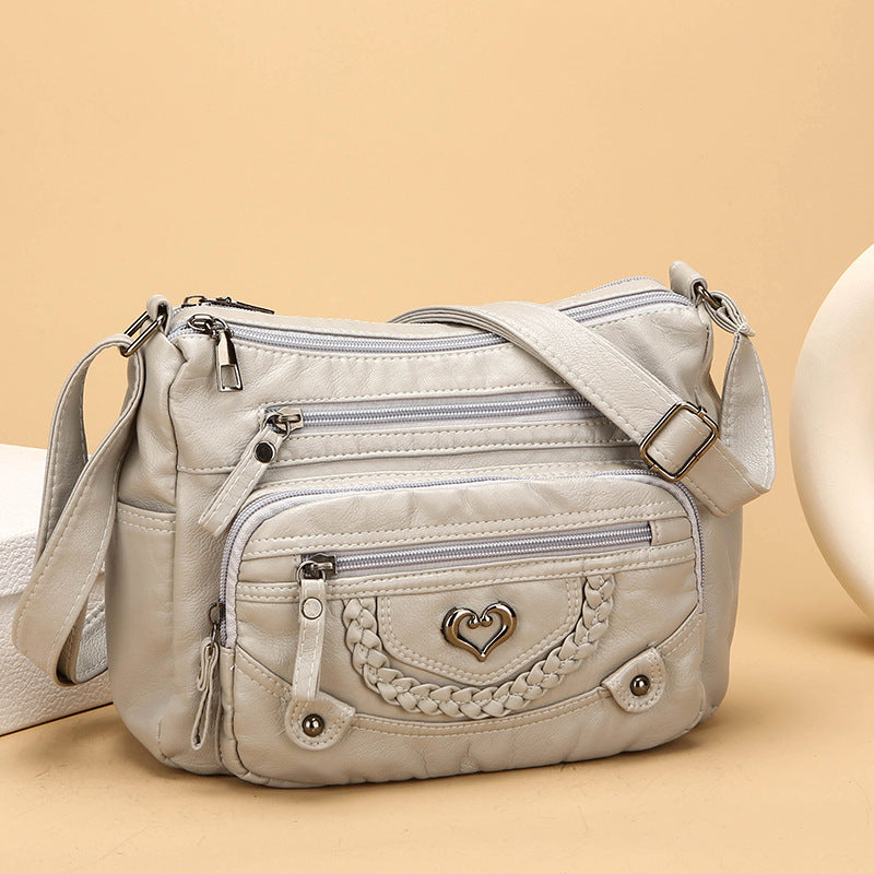 Washed Leather Multi Pocket Crossbody Bag – Heart Chain Detail Zip Shoulder Purse