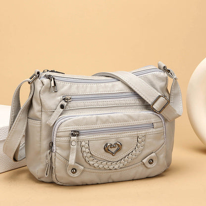 Washed Leather Multi Pocket Crossbody Bag – Heart Chain Detail Zip Shoulder Purse