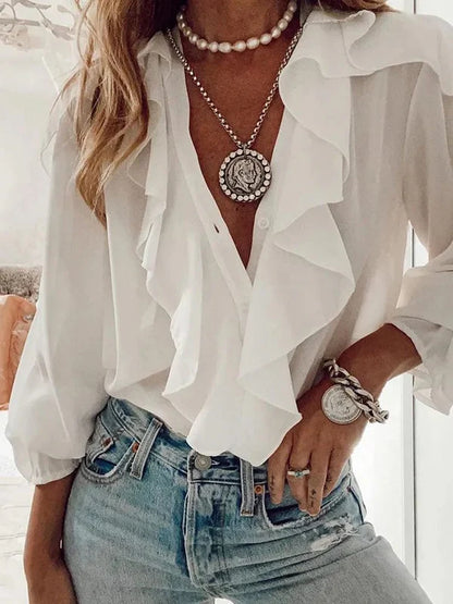 Chiffon Ruffle Front Long Sleeve Blouse