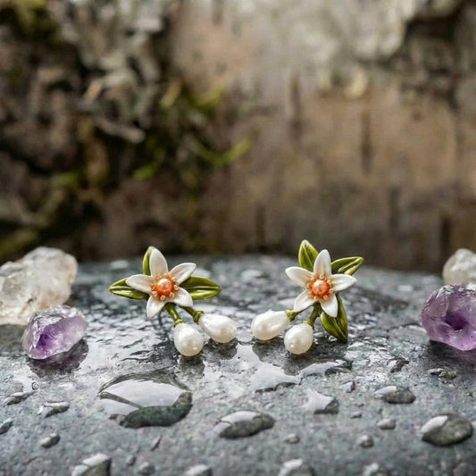White Flower Pearl Drop Earrings