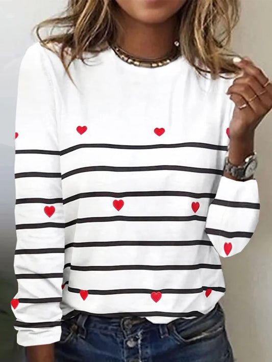White Striped Heart Print Long Sleeve Tee