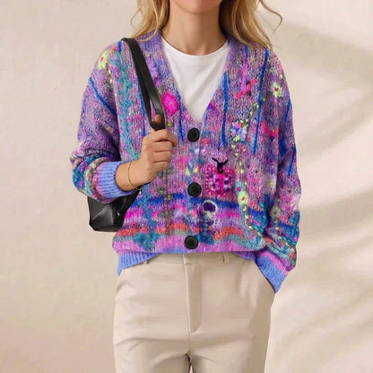 Wildflower Fantasy Floral Embroidered Button Front Knit Cardigan – Violet