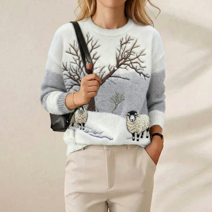 Winter Pastoral Scene Sweater Ivory & Grey Sheep Landscape Knit