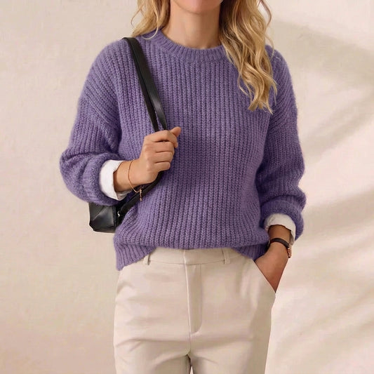 Wisteria Purple Ribbed Oversized Layered Crew Neck Sweater
