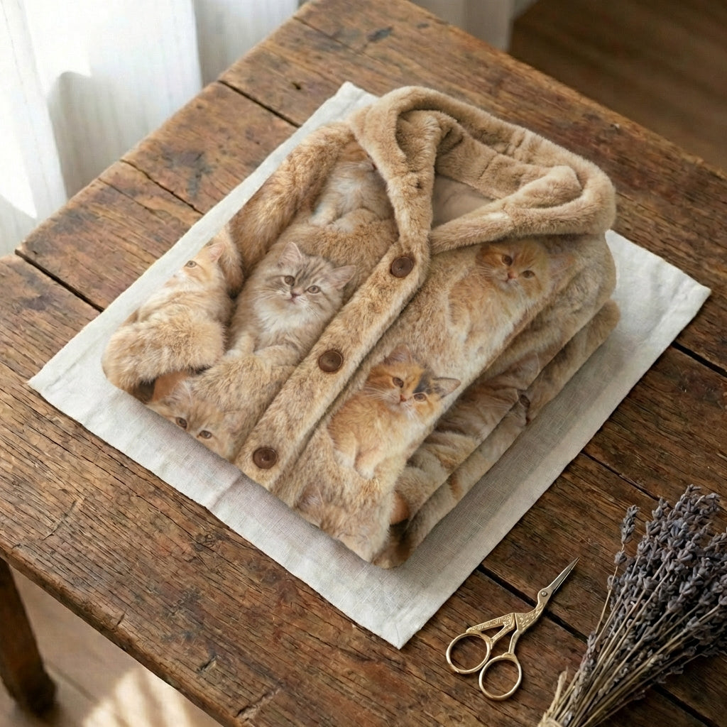 Wool Cardigan Beige With Multiple Cat
