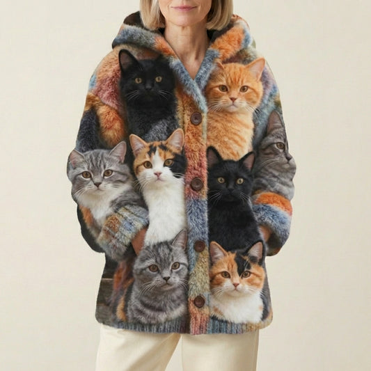 Wool Cardigan With Multiple Cat Breeds Print
