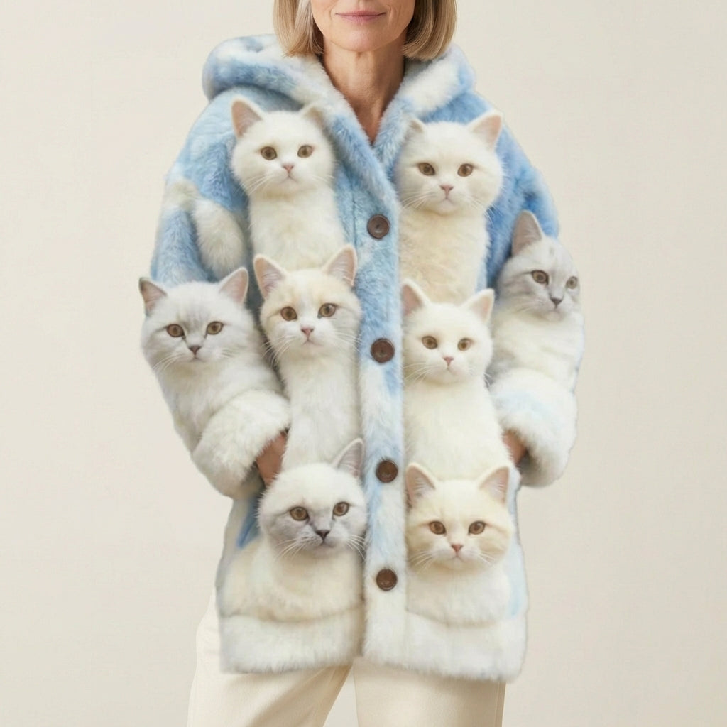 Wool Cardigan With Multiple Cat Print