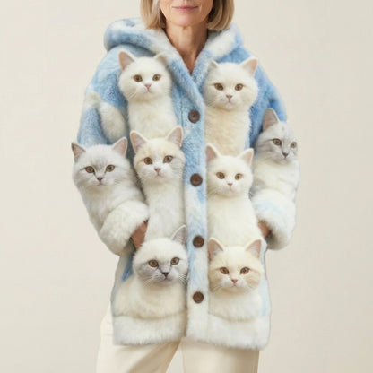 Wool Cardigan With Multiple Cat Print