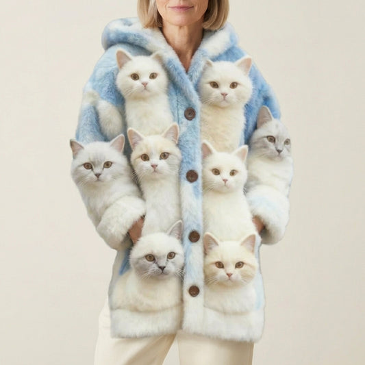 Wool Cardigan With Multiple Cat Print