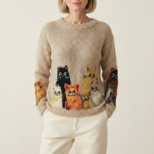 Wool Cardigan With Rainbow Cat Face Grid