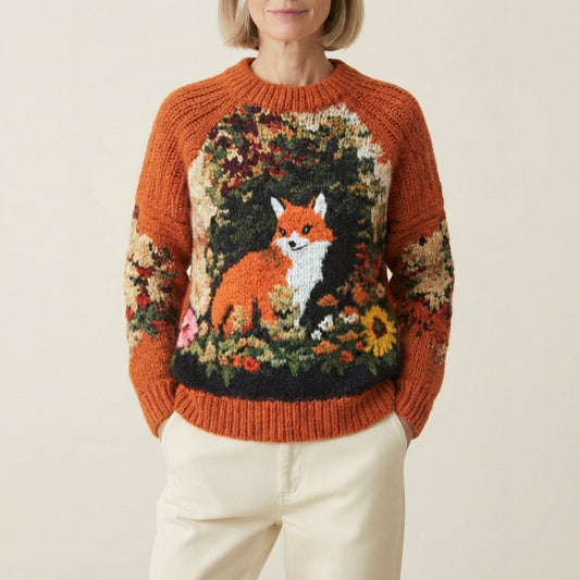 Wool Pullover With Fox And Wildflower Design