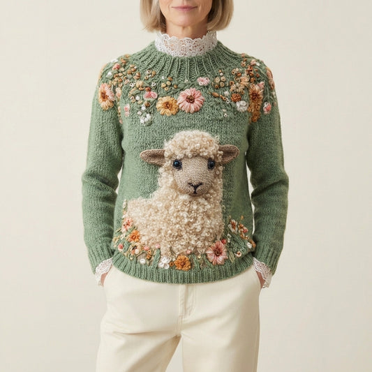 Wool Pullover With Lamb And Floral Wreath