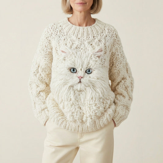 Wool Sweater With Fluffy White Cat Face