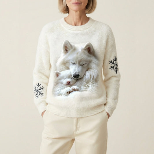 Wool Sweater With Mother Wolf And Puppy