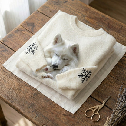 Wool Sweater With Mother Wolf And Puppy