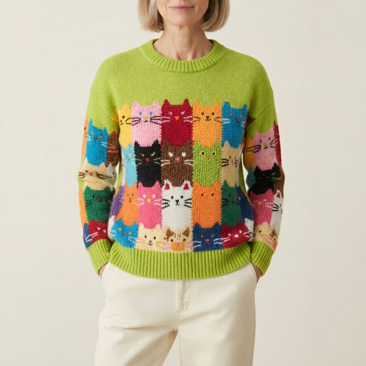 Wool Sweater With Rainbow Cat Grid Pattern