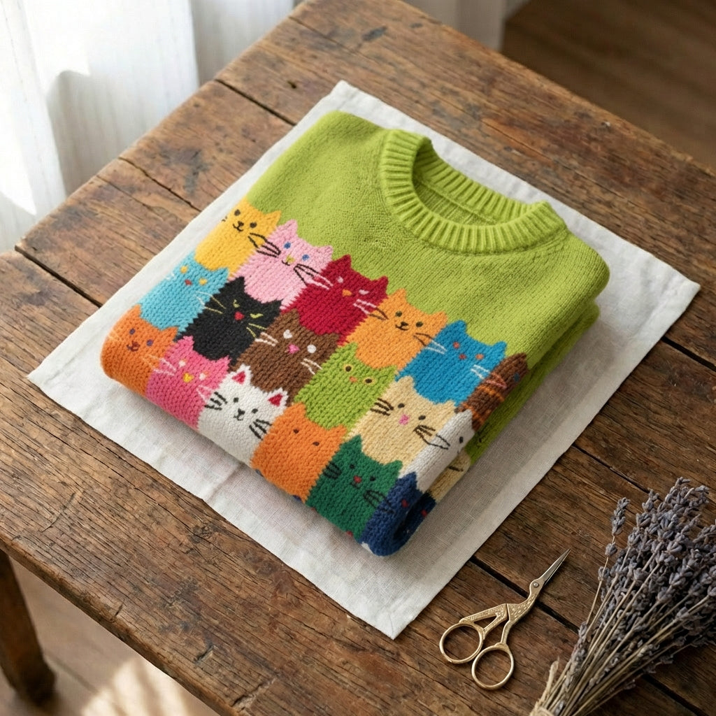 Wool Sweater With Rainbow Cat Grid Pattern