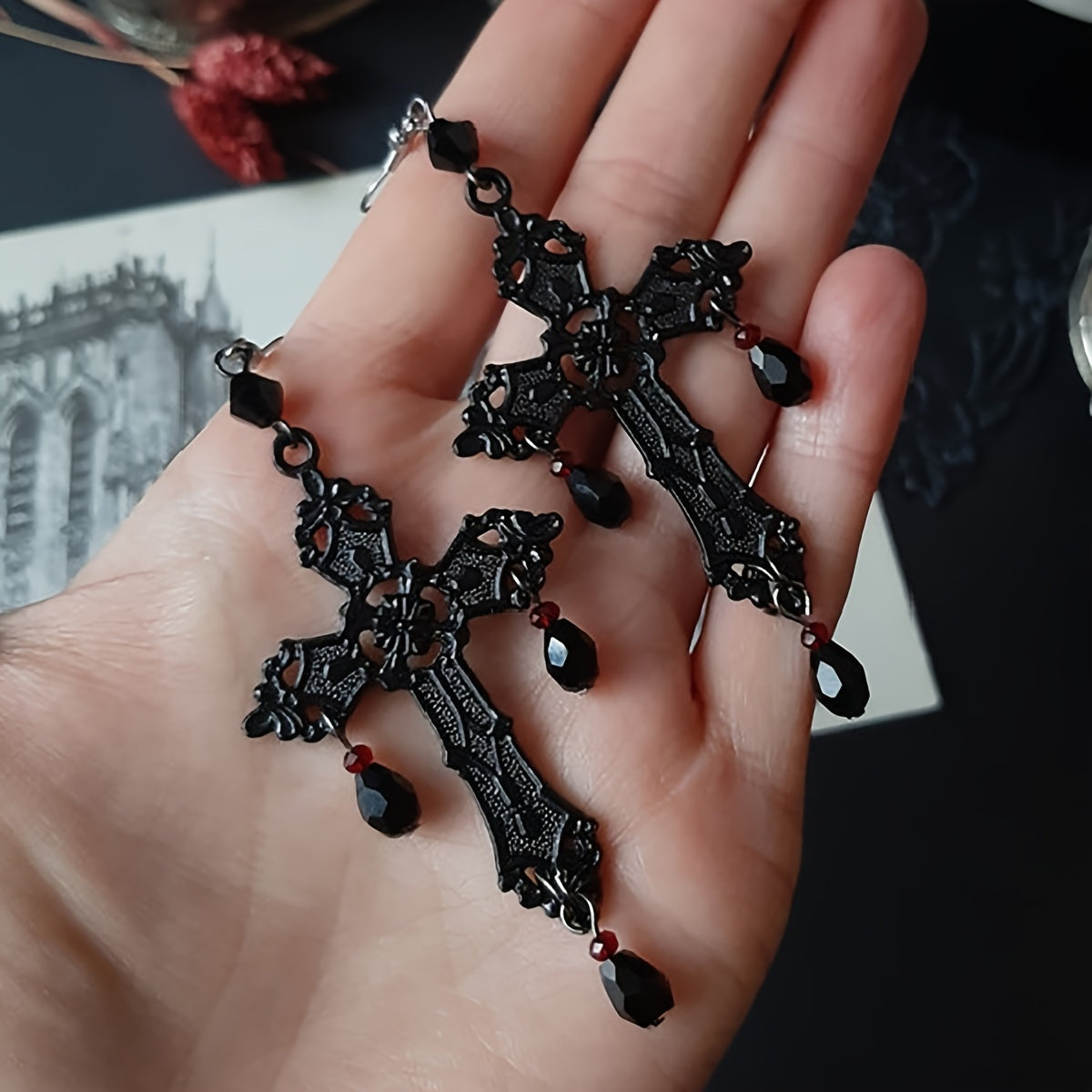 Black Cross Crystal Dangle Earrings