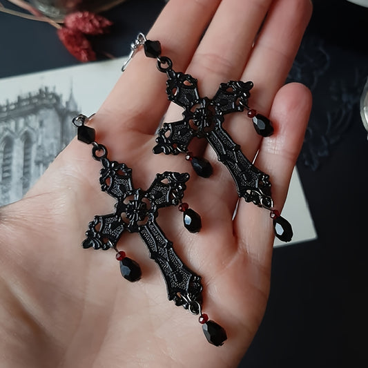 Black Cross Crystal Dangle Earrings