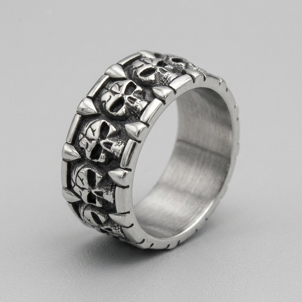Spiked Skull Panel Statement Band Ring