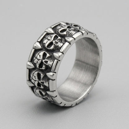Spiked Skull Panel Statement Band Ring