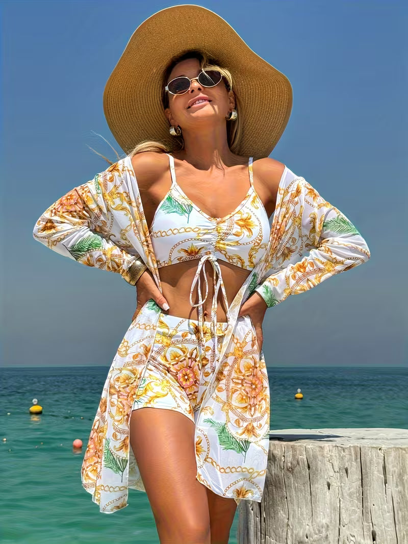 Floral Tie-Front Set with Kimono