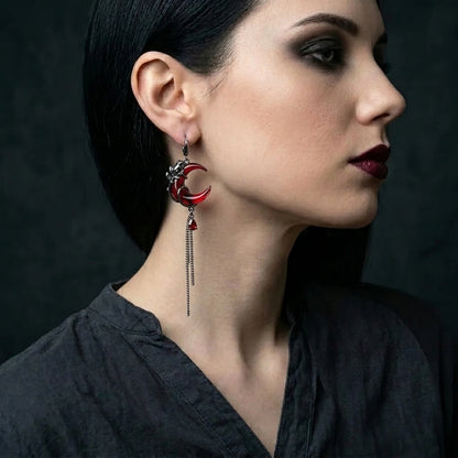 Gothic Style Asymmetry Red Moon Rose Earrings