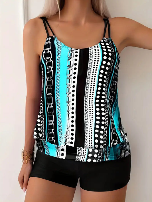 Striped tankini with print