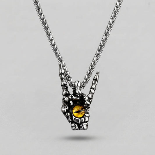Skeleton Hand Rock Sign Necklace with Dragon Eye Pendant
