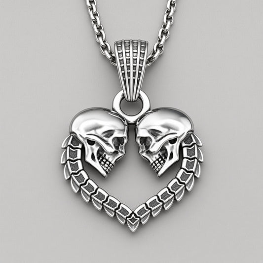 Twin Skull Heart Necklace