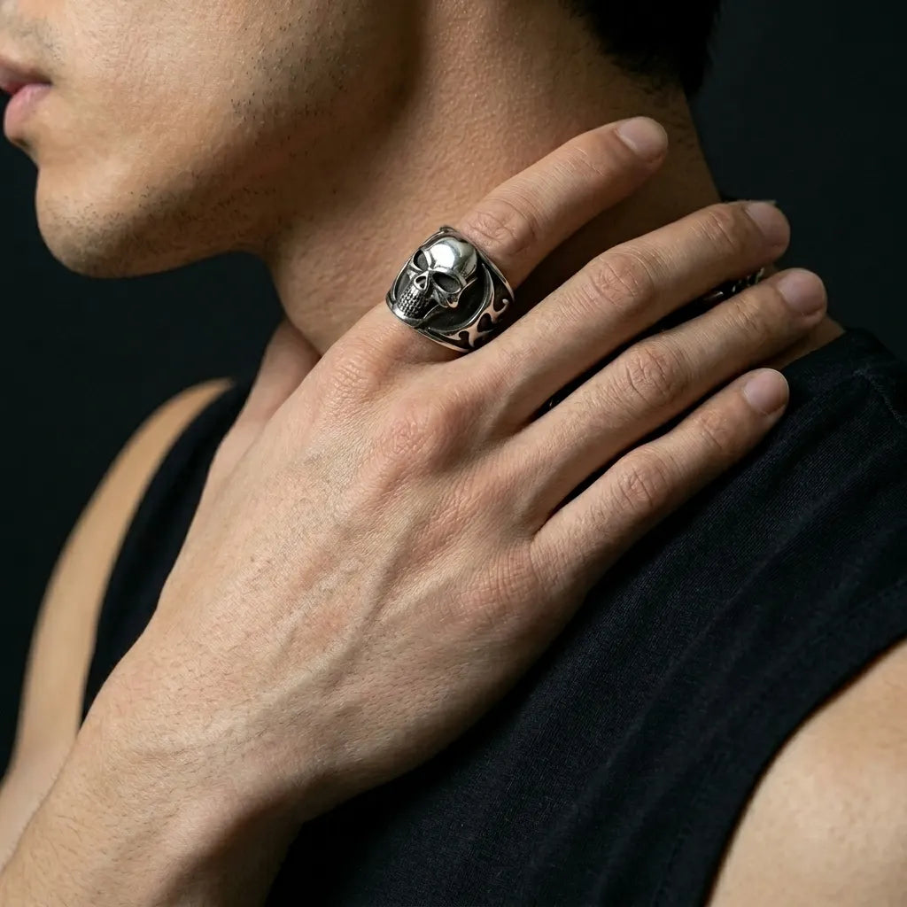 Fanged Skull Tribal Flame Wide Band Ring