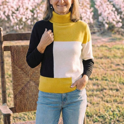 Cotton Turtleneck Sweater with Color-Block